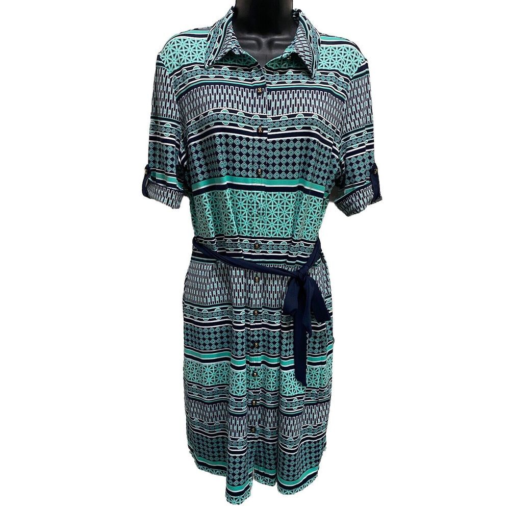 Charter Club Geo‎ Print Button Down Collar Short Cuffed Sleeve 
Dress Size PM